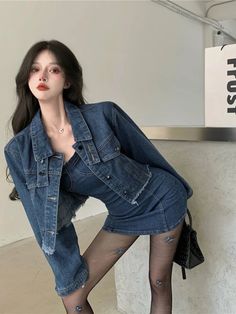 KYLETHOMASW - High Street Denim Suit Women Spring New Short Coat Jacket Suspenders Tube Top Dress Korean Two-piece Set Ladies Size Information: Dress Size: Dress Length: S56cm M58cm L60cm Hip Width: S64-76cm M68-80cm L72-84cm Chest Width: S58-68cm M62-72cm L64-76cm Coat Size: Coat Length: S33cm M35cm L37cm Chest Width: S82cm M86cm L90cm Vintage Corset Dress, Halter Dress Casual, Mini Denim Dress, Split Long Dress, Denim Suit, Dress Korean, Tube Top Dress, Summer Fashion Beach, Suit Women