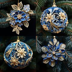 three ornaments hanging from a christmas tree decorated with blue and gold flowers, leaves and swirls