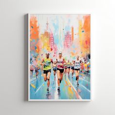 a painting of people running in a marathon