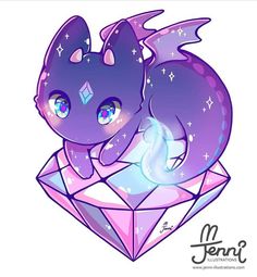 a purple cat sitting on top of a pink diamond with stars and sparkles in its eyes