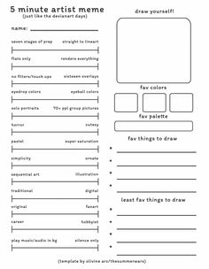 the five minute artist meme worksheet is shown in black and white with text