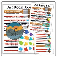 art room jobs poster with paintbrushes and crayons on the back side