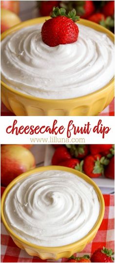 two pictures showing the process of making cheesecake fruit dip with strawberries and apples in the background