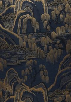 an image of a painting with mountains and trees in the background, as well as water