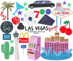 the las vegas sign is surrounded by various items that are in different shapes and sizes