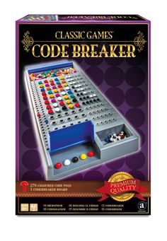 the classic game code breaker is shown in its box and it's contents include buttons,