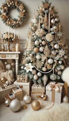 #ChristmasTree #HolidayDecor #FestiveVibes #TreeOfJoy #ChristmasSpirit Living Room Centerpiece Ideas, Living Room Centerpiece, Beige Christmas, White Tinsel, Gold Living, Xmas 2024, Gold Living Room, Elegant Christmas Trees, Winter Tree