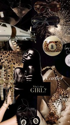 a collage of different items including a woman's head, leopard print and other objects