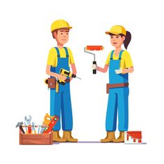 two men in blue overalls and yellow hats are talking to each other while holding tools