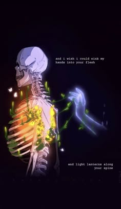 an animated skeleton with glowing green leaves on it's chest, and the caption says i wish i could make my hands into your brain