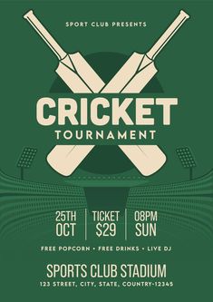 the cricket tournament poster with two bats and ball on green background, for sports club