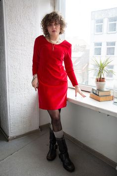 Vintage 70's red velvet midi long sleeved zip fastening on the back dress. UK size written 12, but looks flexible. Model size on the photo is 10. Measurements: length 37 inches, sleeve 21 inches, chest 39 inches, waist 32.5 inches, hips 40 inches. Fitted Red Velvet Long Sleeve Dress, Red Fitted Velvet Dress With Long Sleeves, Red Fitted Velvet Dress For Fall, Red Velvet Long Sleeve Evening Dress, Red Fitted Velvet Dress For Winter, Fitted Red Velvet Winter Dress, Red Velvet Long Sleeve Dress For Fall, Red Velvet Dress For Winter, Red Velvet Winter Dress