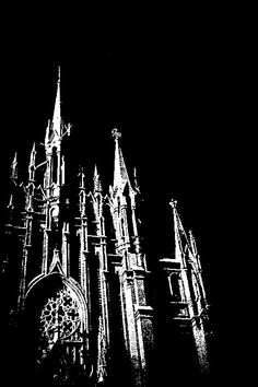 a black and white photo of a cathedral at night