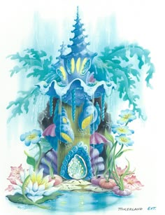 a drawing of a clock tower in the middle of flowers and plants with water pouring from it