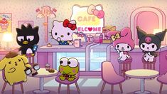 cartoon characters sitting at a table in front of a hello kitty cafe with cats on the counter