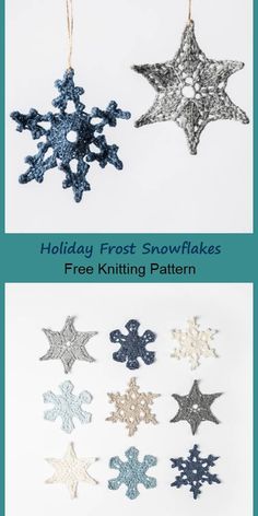 four snowflakes are hanging from strings with the words holiday frosted on them