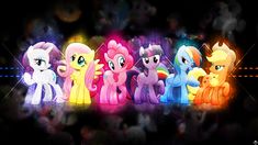 a group of little pony standing next to each other in front of a black background