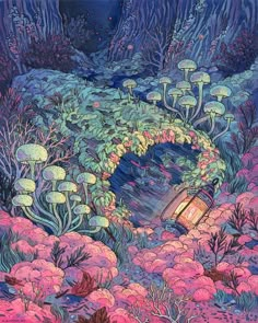 an illustration of a cave in the middle of some plants and trees with mushrooms growing out of it