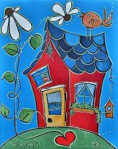 a painting of a red house with flowers on the roof and a bird flying over it