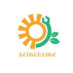 the logo for seinohome is an orange and green sun with leaves on it