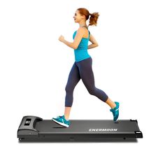 a woman running on a treadmill with the words enermoon printed on it