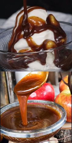 an ice cream sundae is being drizzled with caramel and chocolate