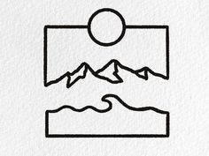 a line drawing of mountains and the sun