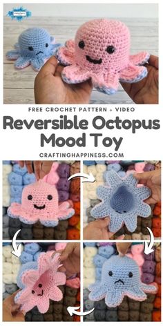 crochet pattern for an octopus toy with four different pictures and instructions to make it