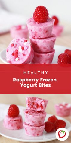 raspberry frozen yogurt bites are stacked on top of each other, with the