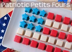 red, white and blue patriotic treats on a plate with the words patriotic petits fours