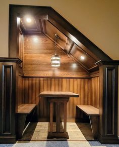 Its a great idea for under the stairs to add additional seating adjacent to your basement home bar, pub or speakeasy Basement Stair, Home Basement, Rustic Basement, Home Bar Rooms, Basement Remodel Diy, Solid Oak Table, Oak Table Top, Basement Bar Designs