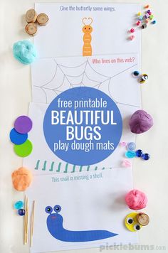 a poster with buttons and yarn on it that says free printable beautiful bugs play dough mats