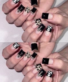 Black Alternative Nails, Y2k Style Nails, Cat Nails Acrylic Art Designs, Black French Tip Ideas, Cheetah Hello Kitty Nails, Black And Gray Nail Ideas, Black 2000s Nails, Black And Cheetah Print Nails, Goth Square Nails