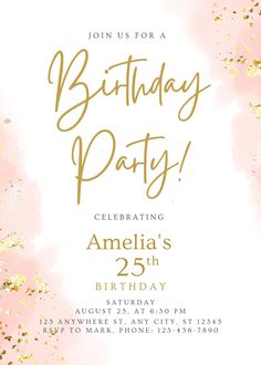 a pink and gold birthday party card