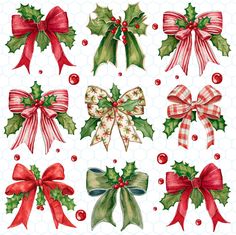 watercolor christmas bows and holly cliparts for scrapbooking, cards, etc