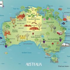 an illustrated map of australia with all the main attractions