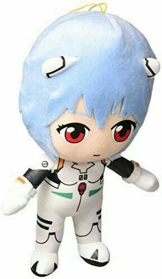 an anime character with blue hair and red eyes holding a white object in his hand