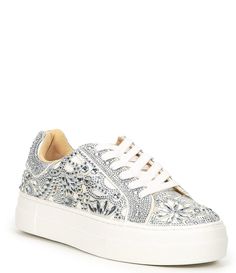 From Blue by Betsey Johnson&#x2C; the Reily Rhinestone Platform Sneakers feature:Fabric upper with allover rhinestone embellishmentsLace up closureSynthetic liningSynthetic outsoleApprox. 1" platform heightImported. Spring Silver Sneakers With Rhinestones, Silver Rhinestone Sneakers For Spring, Silver Sneakers With Rhinestones For Spring, Cute Platform Sneakers, Fancy Sneakers, Bride Sneakers, Rhinestone Sneakers, Dressy Sneakers, Bridal Sneakers