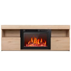 an entertainment center with a fire burning in the fireplace