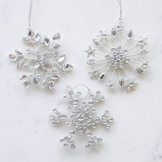 Three assorted Crystal Jeweled Snowflake Ornaments on a marble table. Whimsical Crafts, Spring Essentials, Vintage Silverplate, Fall Halloween Decor, Bar Glassware, Snowflake Ornaments, Table Accessories, Fall Thanksgiving, Christmas Seasons