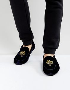 Slippers by Dunlop Velvet upper Embroidered detail Apron toe Textured tread Wipe with a damp sponge 100% Polyester Upper Mens Loafer, Mens Loafers Shoes, Blue Loafers, Men Loungewear, Velvet Shoes, Loafers Shoes, Loafer Slippers, Shoes Slippers, Tory Burch Flats