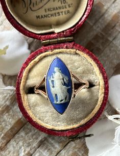 an antique ring with a blue and white horse on it in a red velvet box