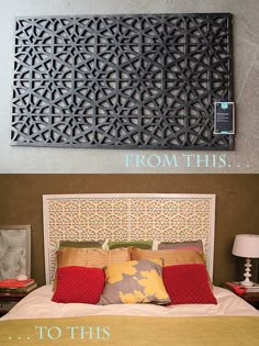 a bed with red pillows on top of it and an advertisement above the bed that reads, from karra pasay designs how to turn cheap rubber