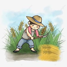 a boy is working in the field with a shovel, illustration, cartoon png and psd