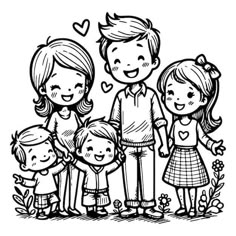 a black and white drawing of a family with two children standing in front of them