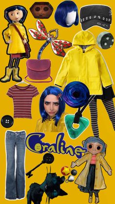 coraline, moon, cat, halloween, 3D, movie, buttons, costume, outfit, shoes, tights, raincoat, wig accessories, hairclip Coraline Dress Up, Halloween Inspired Work Outfit, Coraline Costume Aesthetic, Caroline Costume Halloween, Caroline Halloween, Caroline Costume, Halloween Costumes Coraline