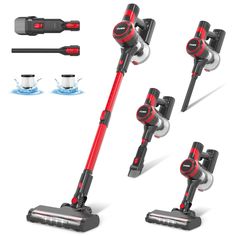 three different views of the same vacuum cleaner and its attachments are shown in this image