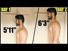 a man with no shirt on standing in front of a door and measuring his height