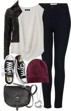 Great fall trend. Black jean/legging with white and more leather! Look Grunge, Mode Hippie, Neue Outfits, Casual School Outfits, Legging Outfits, Looks Black, Outfit Trends, Womens Fleece, Looks Style