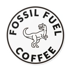 the logo for fossil fuel coffee, which is white and black with a dinosaur on it